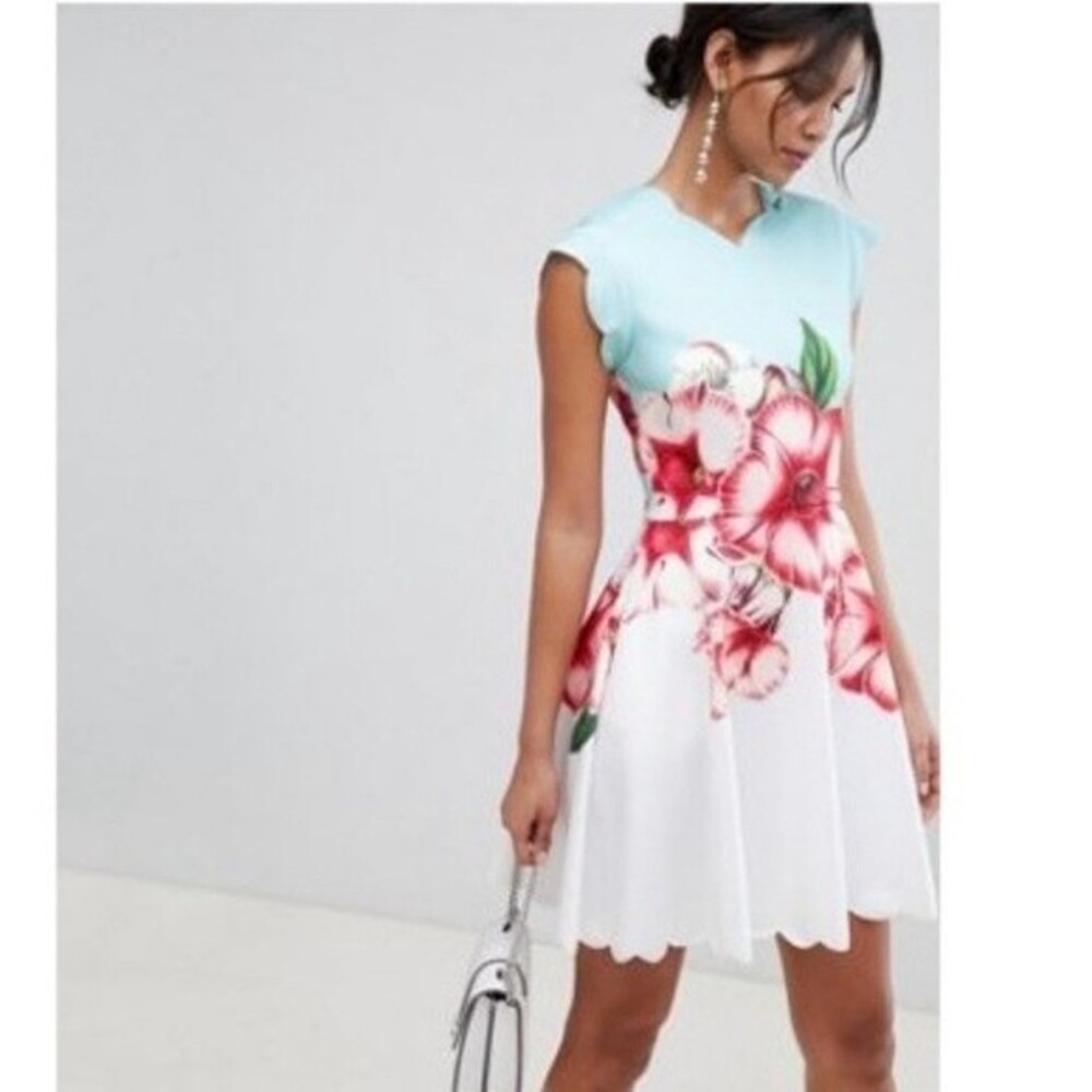 Ted Baker Aqua Bodice White Floral Midi Dress with Pink Flowers - Picture 1 of 12